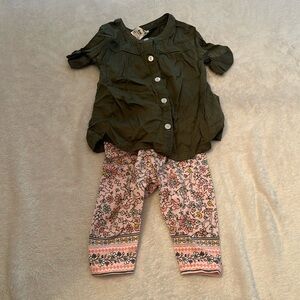 Carters green shirt floral pant set, 6mo